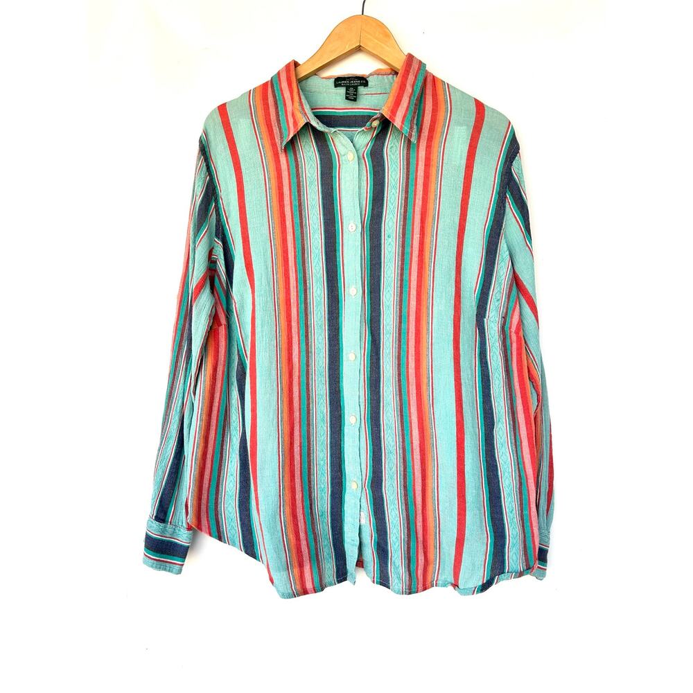 Ralph Lauren Vintage Striped Button Down Shirt Teal Oversized 2X XXL Classic - Picture 2 of 7